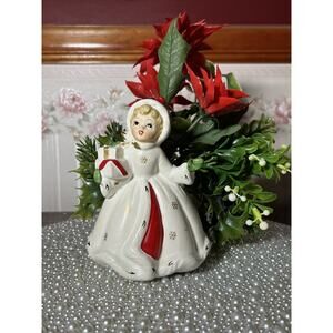 Vintage Napco Christmas Girl Gifts White Planter Greenery Japan X-8389